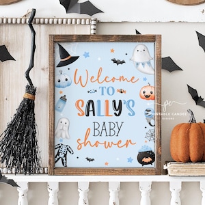 Editable Blue A Little Boo Baby Shower Welcome Sign Boy Halloween Baby Shower Decor Ghost Halloween Shower Theme BBHS