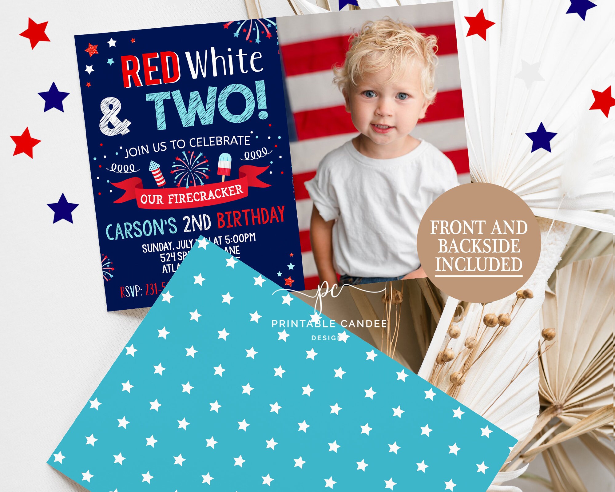 4th of July 2nd Birthday Invitation Red White and Two Firecracker ...