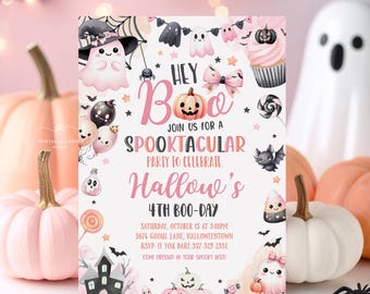 Editable Pink Halloween Birthday Invite Girl Ghost Invitation Spooktacular Party Theme Template Printable PGSTN