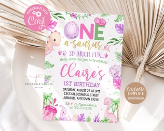 Invitation 1er anniversaire de dinosaure Modèle numérique de fête des dinosaures pour bébé fille rose modifiable Dino première invitation Téléchargement immédiat