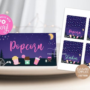 Backyard Movie Night Food Labels Outdoor Birthday Party Under The Stars Editable Template Girl Sleepover Table Instant Download