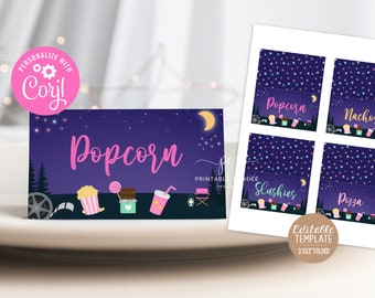 May include: Printable movie night food labels with a dark blue background and white stars. The labels feature a variety of movie-themed icons, including popcorn, candy, chocolate, and a drink. The text on the labels reads "Popcorn", "Nacho", "Slushies", and "Pizza".