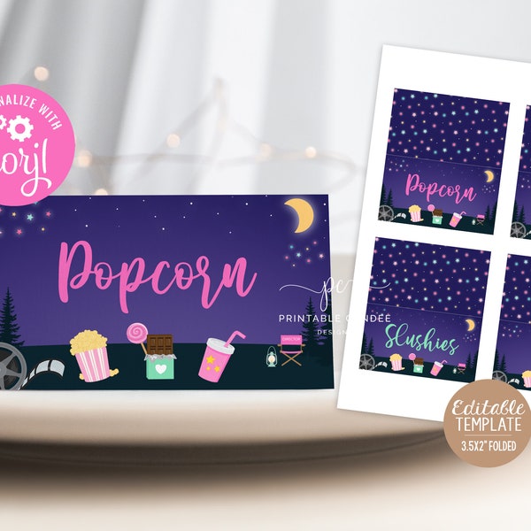 Backyard Movie Night Food Labels Outdoor Birthday Party Under The Stars Editable Template Girl Sleepover Table Instant Download
