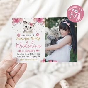 May include: A pink and white birthday invitation featuring a watercolour illustration of a cat wearing a flower crown. The invitation reads "Please join us for a Purrn-fect Paw-ty! Madeline is turning 5" and includes the date, time, and location of the party. A photo of a girl holding a cat is in the background.