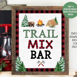 Trail Mix Bar Sign Camping Party Decor Lumberjack One happy Camper Signs Bear Birthday Party Printables Instant Download