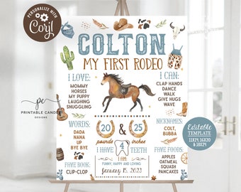 Editable Cowboy Milestone Sign 1st Rodeo Birthday Party Theme Wild West Stats Sign Blue Ranch Decor Printable Instant Download Template