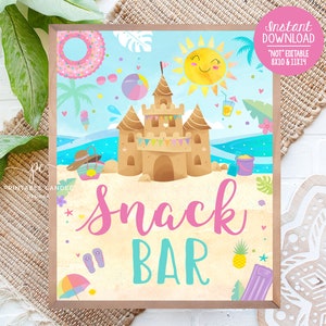Fiesta en la playa Snack Sign Girl Birthday Summer Beach Theme Food Table Sign Imprimible PBPT