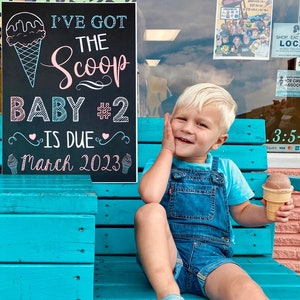 Ice cream Big Sister Pregnancy Announcement Summer Got the scoop Pink Blue Photoshoot Prop Promoted Sign Chalkboard Printable File image 4