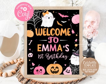 Letrero de bienvenida de Halloween, decoración de fiesta fantasma rosa y naranja, tema de niña, letrero espeluznante de cumpleaños, descarga instantánea, imprimible digital