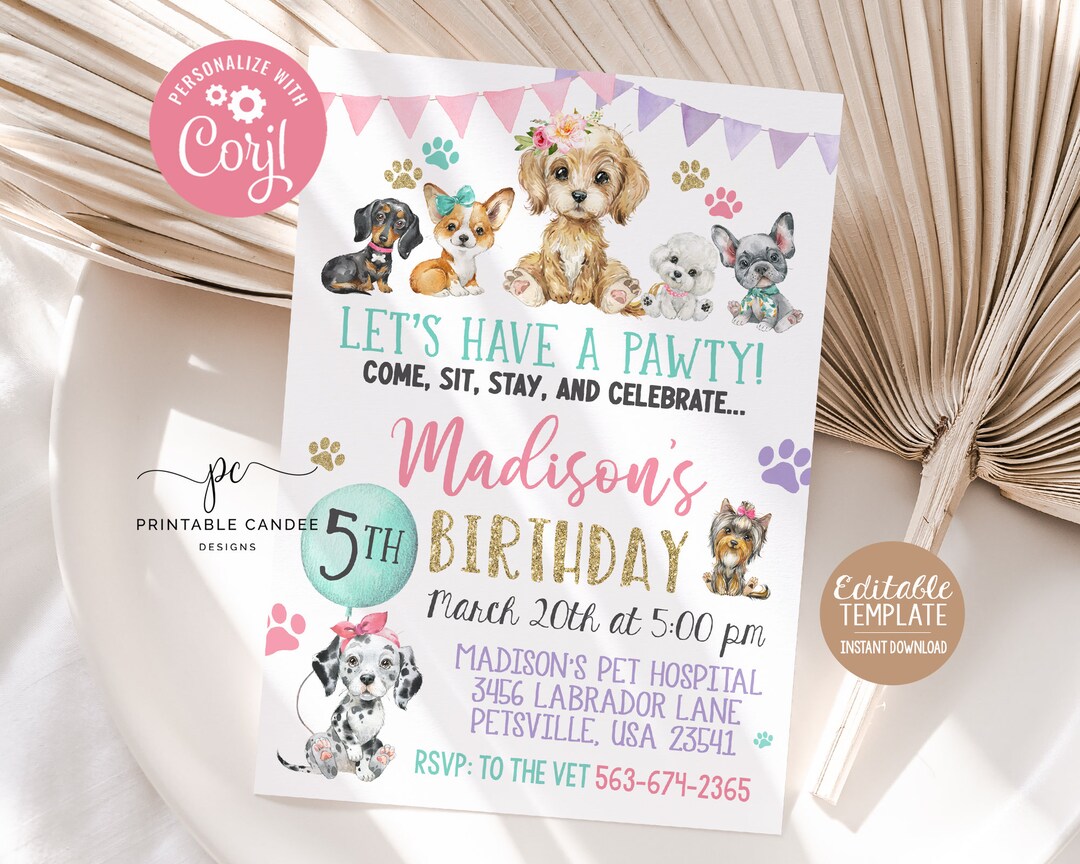 Editable Girl Puppy Birthday Invite Pink Dog Party Invitation Template ...