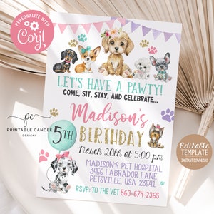 Editable Girl Puppy Birthday Invite Pink Dog Party Invitation Template Adorable Pet Theme Watercolor Printable Instant Download