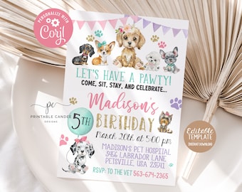 Editable niña cachorro cumpleaños invitación rosa perro fiesta invitación plantilla adorable mascota tema acuarela imprimible descarga instantánea