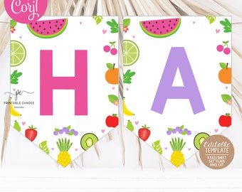 May include: A banner with the letters "HA" in bright pink and lavender, decorated with colorful fruit illustrations. The banner includes watermelon, lime, orange, cherry, banana, apple, strawberry, blueberry, kiwi, and pineapple. The banner is an editable template.