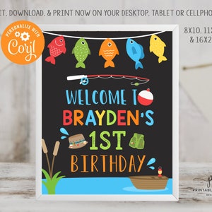 Fishing Birthday Welcome Sign Chalk The Big One Fish Decor Instant Download Editable File Printable DIY File