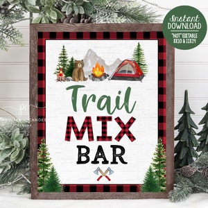 Trail Mix Bar Sign Camping Party Decor Red Lumberjack One happy Camper Signs Bear Birthday Party Printables Instant Download