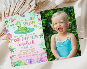 Invitación a fiesta en la piscina de dinosaurios Plantilla de invitación de cumpleaños de verano editable Chica Dino Tema Foto Archivo imprimible