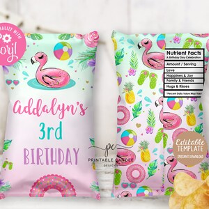 Flamingo Pool Party Chip Tasche Etiketten Mädchen Geburtstag Tropical Summer Gefälligkeiten druckbare Flamingo Thema Essen Snacks druckbare