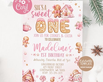 May include: Pink and white gingerbread-themed first birthday invitation with a gingerbread house, gingerbread people, and a snowman. The invitation says "She's a Sweet One" and includes the text "Join us for cookies & cocoa to celebrate Madeline's 1st Birthday".