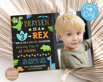 May include: A dinosaur-themed birthday invitation for a boy turning three. The invitation features a green dinosaur with orange accents, a blue and orange number three, and the text "Brayden is a 3-Rex". The invitation also includes a photo of a young boy.