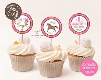 Cowgirl Cupcake Toppers 1st Rodeo Birthday Theme Wild West Party Labels Pink Girl Ranch Decor Printables Instant Download