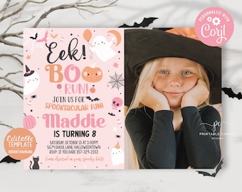Bewerkbare Halloween roze geest verjaardag uitnodigen meisje schattig Boo thema Spooktaculaire uitnodiging sjabloon Instant Download afdrukbare