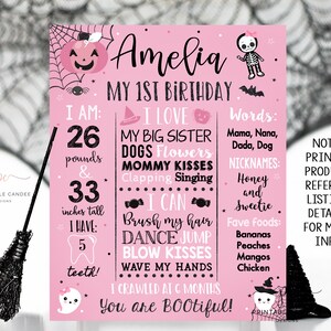 Pink Halloween First Birthday Chalkboard Sign Ghost Birthday Milestone Sign Pumpkin Stats Poster Printable