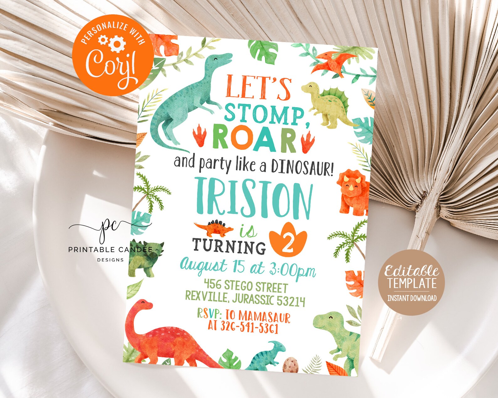 Editable Dinosaur Boy Birthday Invitation Template Dino Birthday Invite ...