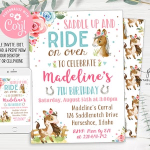 Girl Horse Birthday Invitation Party Invite Floral Pink Teal Pony Theme Editable Template Printable Instant Download