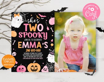 Editable Halloween Pink Ghost 2nd Birthday Invite Girl Boo Theme Two Spooky Photo Invitation Template Instant Download Printable