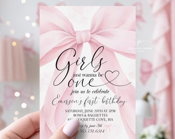 Pink Bow First Birthday Invitation Template Coquette 1st Invite Girly Bow Party Theme