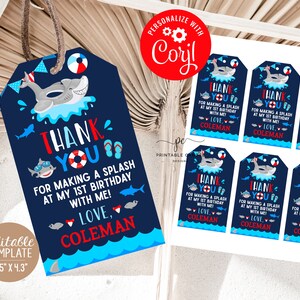Haai zwembad gunst tags bewerkbare gunsten zomer verjaardag partij decor jongen haai thema afdrukbaar