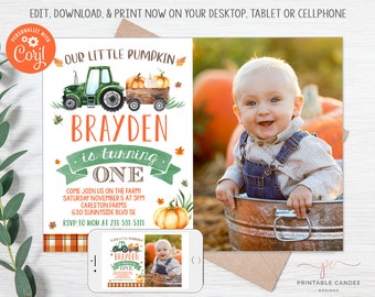 Pumpkin Tractor Birthday Invitation Template Little Pumpkin Farm Theme Printable Instant Download