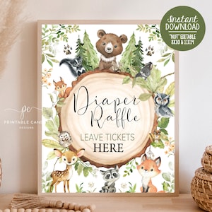 Woodland Baby Shower Diaper Raffle Sign Boy Forest Animals Theme Decor Greenery Wood Table Signs Printable Instant Download
