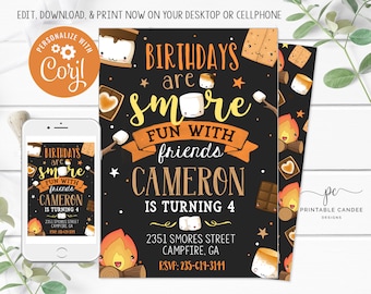 May include: A printable birthday invitation with a campfire and s'mores theme. The invitation says "Birthdays are s'more fun with friends Cameron is turning 4" and includes a campfire address and RSVP information.