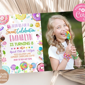 Candy Birthday Invitation Lollipop Donut Sweet Celebration Template Girl Sweet Shop Template Instant Download