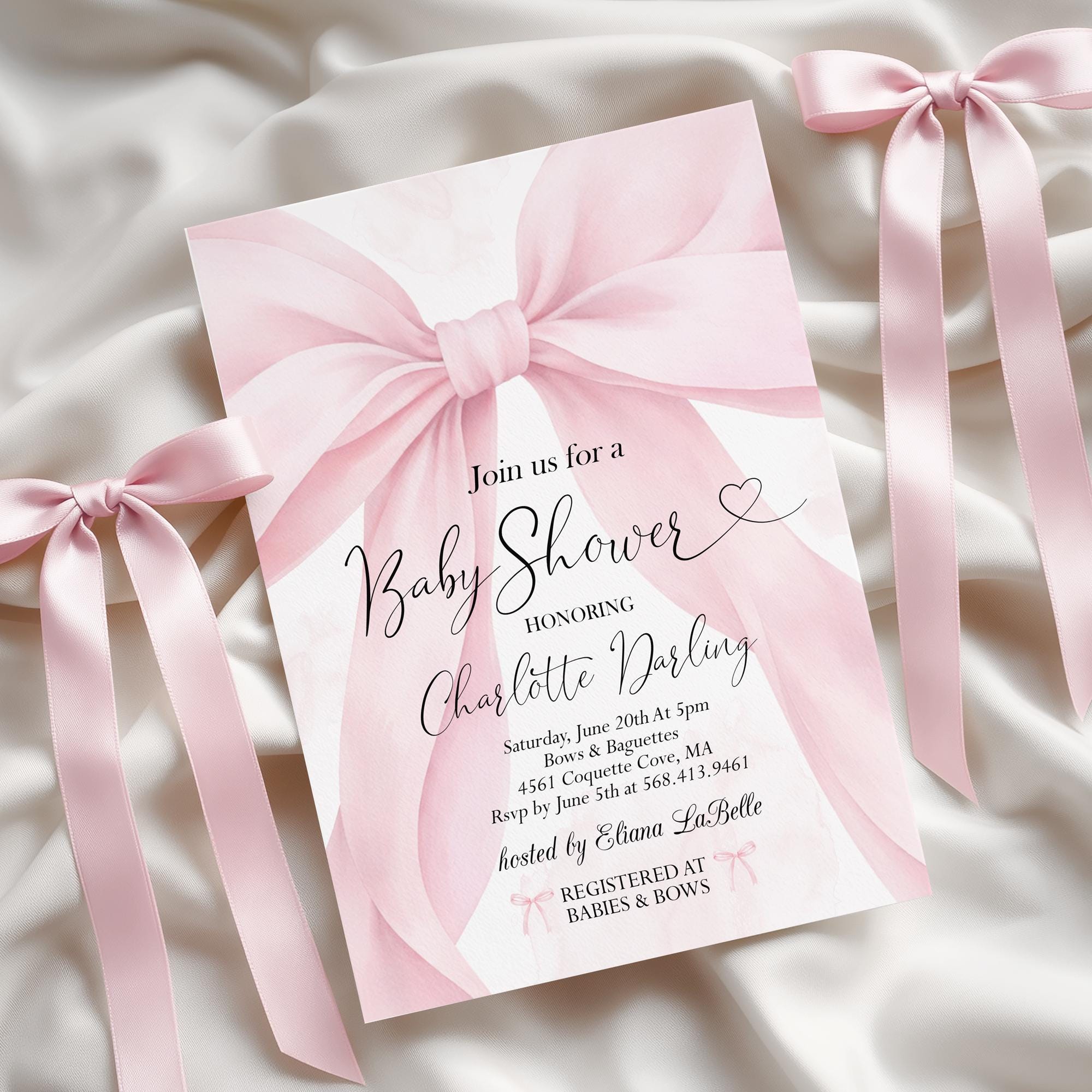 Blush Pink Bow Baby Shower Invitation Template Girl Invite Pink ...