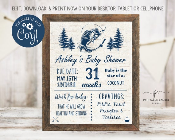 Fishing Baby Shower Stats Sign Navy Fish Decor Mom to Be Instant