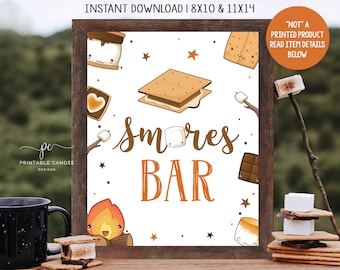 May include: A framed print with a s'mores theme. The design includes illustrations of marshmallows, graham crackers, chocolate, and a campfire. The words "S'mores Bar" are written in a decorative font. The print is available in 8x10 and 11x14 inch sizes.