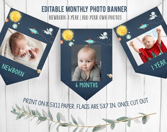 May include: Editable monthly photo banner with a space theme. The banner includes flags with a blue background, stars, planets, and rockets. Each flag has a space for a photo and a label for the month, such as "Newborn", "6 Months", and "1 Year". The banner is designed to be printed on 8.5x11 inch paper and cut out into 5x7 inch flags.