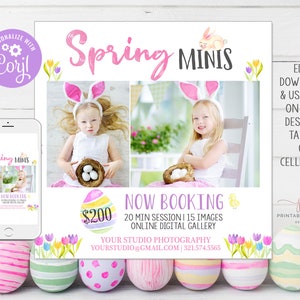 May include: A pink and white flyer with the text "Spring Minis" and a picture of two children wearing bunny ears. The flyer advertises a photography session for $200 and includes the text "Now Booking".
