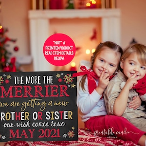 Anuncio de embarazo de Navidad para hermanos, vacaciones, Papá Noel, hermano o hermana, tercer bebé, pizarra, letrero imprimible digital