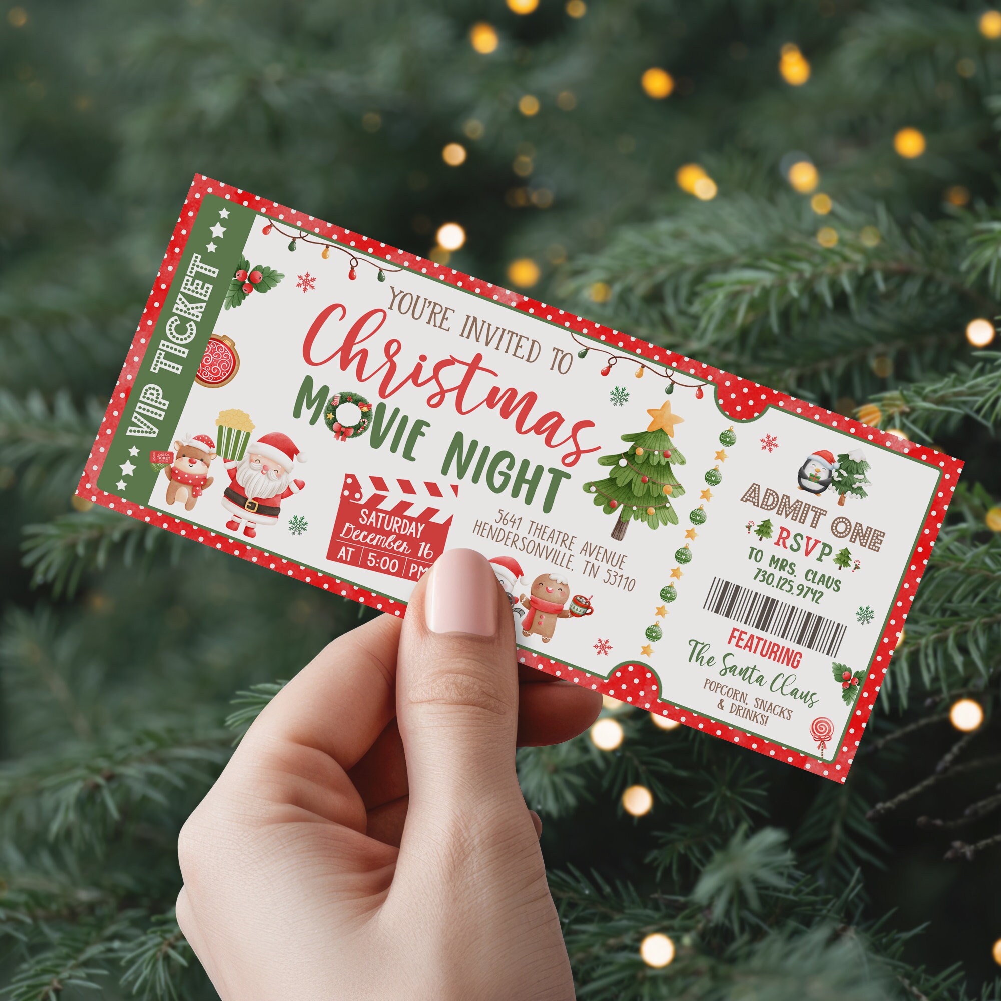 Editable Christmas Movie Night Ticket Invitation Holiday Movie Party Red Green Theme Invite Template Instant Download CMNS