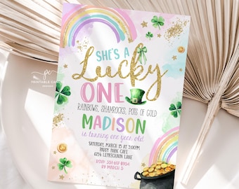 Editable St. Patrick's Day First Birthday Invitation Lucky One Party Rainbow Clover Shamrock Template Printable SPDP