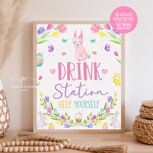 Easter Drink Sign Adorable Pink Bunny Decor Birthday Table Signs Spring Floral Theme Instant download PEB24