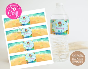 Puede incluir: Cuatro etiquetas imprimibles para botellas de agua con un tema de playa tropical. Las etiquetas presentan una máscara tiki, palmeras y el texto "Paisley tiene 3 años". Las etiquetas miden 8 pulgadas por 2 pulgadas.