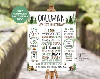 Puede incluir: Un cartel blanco imprimible con un tema de bosque para un primer cumpleaños. El cartel presenta un esquema de color verde y marrón con un oso, árboles y una tienda de campaña. El cartel dice "Coleman Mi primer cumpleaños" e incluye detalles sobre el niño, como su peso, altura y comidas favoritas.