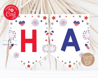 4th of July Party Flags Template Red White Blue Firecracker Birthday Flag Banner Patriotic Stars Stripes Party Decor Download Editable