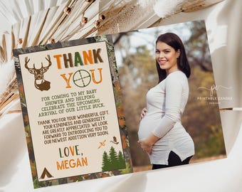 Modello modificabile stampabile per invito a tema caccia baby shower grazie mimetico cervo neonato