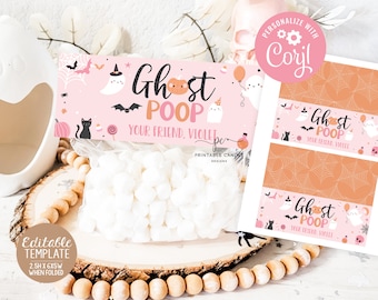 Editable Ghost Poop Bag Topper Pink Halloween Treat Bag Girl Halloween Birthday Favors Classroom Party Favor Spooky Printable Template