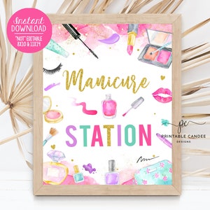 Spa Manicure Birthday Party Sign Girl Makeup Theme Beauty Bar Nail Painting Sign Gold Pink Decor Printables Instant Download